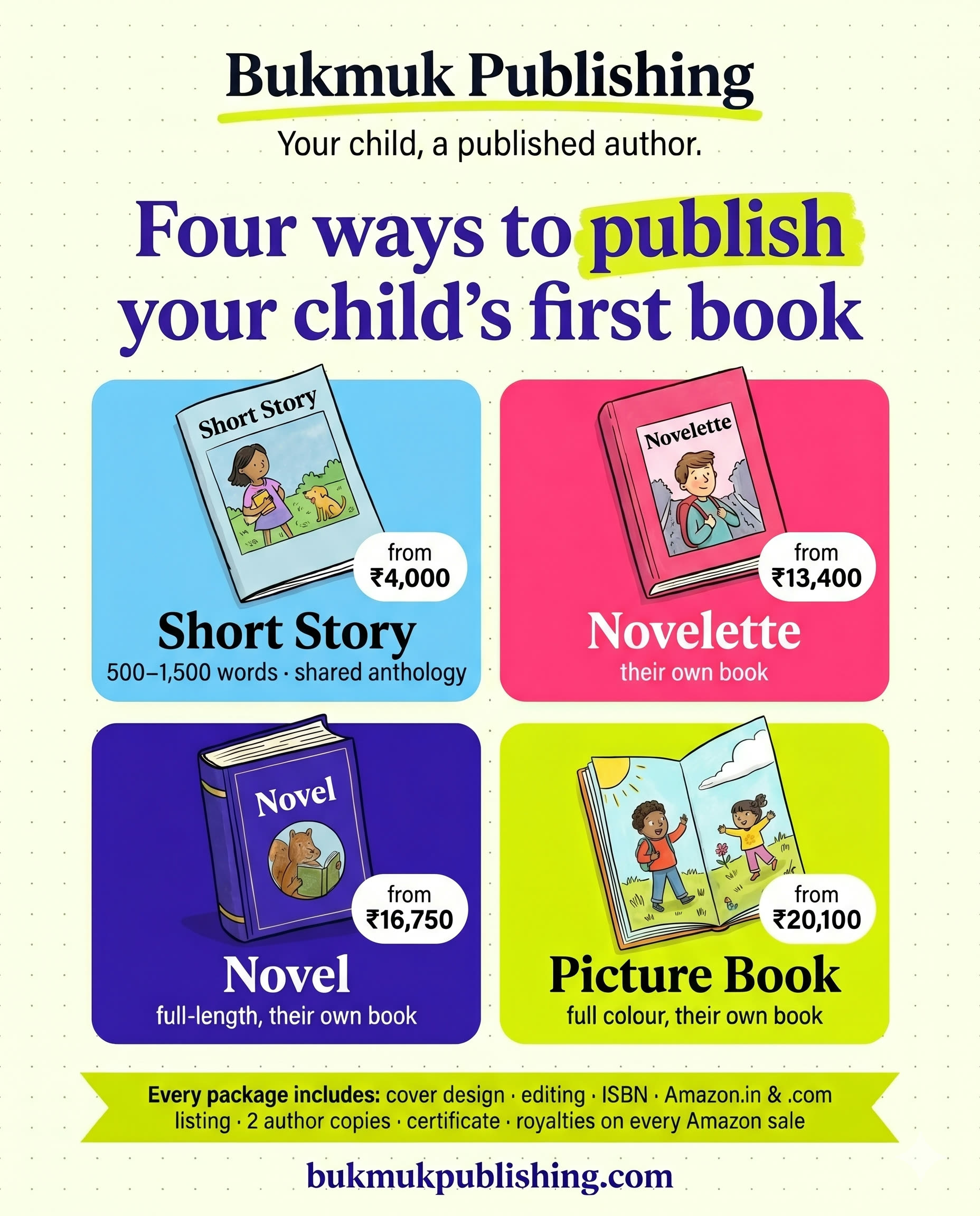 Bukmuk Publishing, four ways to publish your child's first book: Short Story from ₹4,000, Novelette from ₹13,400, Novel from ₹16,750, Picture Book from ₹20,100. Every package includes cover design, editing, ISBN, Amazon listing, 2 author copies and a certificate.