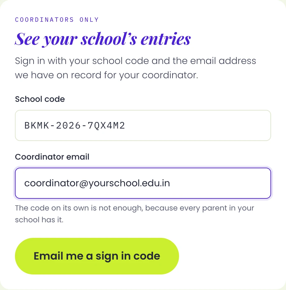 The sign in card, with a school code and a coordinator email filled in.